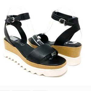 Sol Sana Black Leather Tray Wedges with Wood and White Platform Size 40